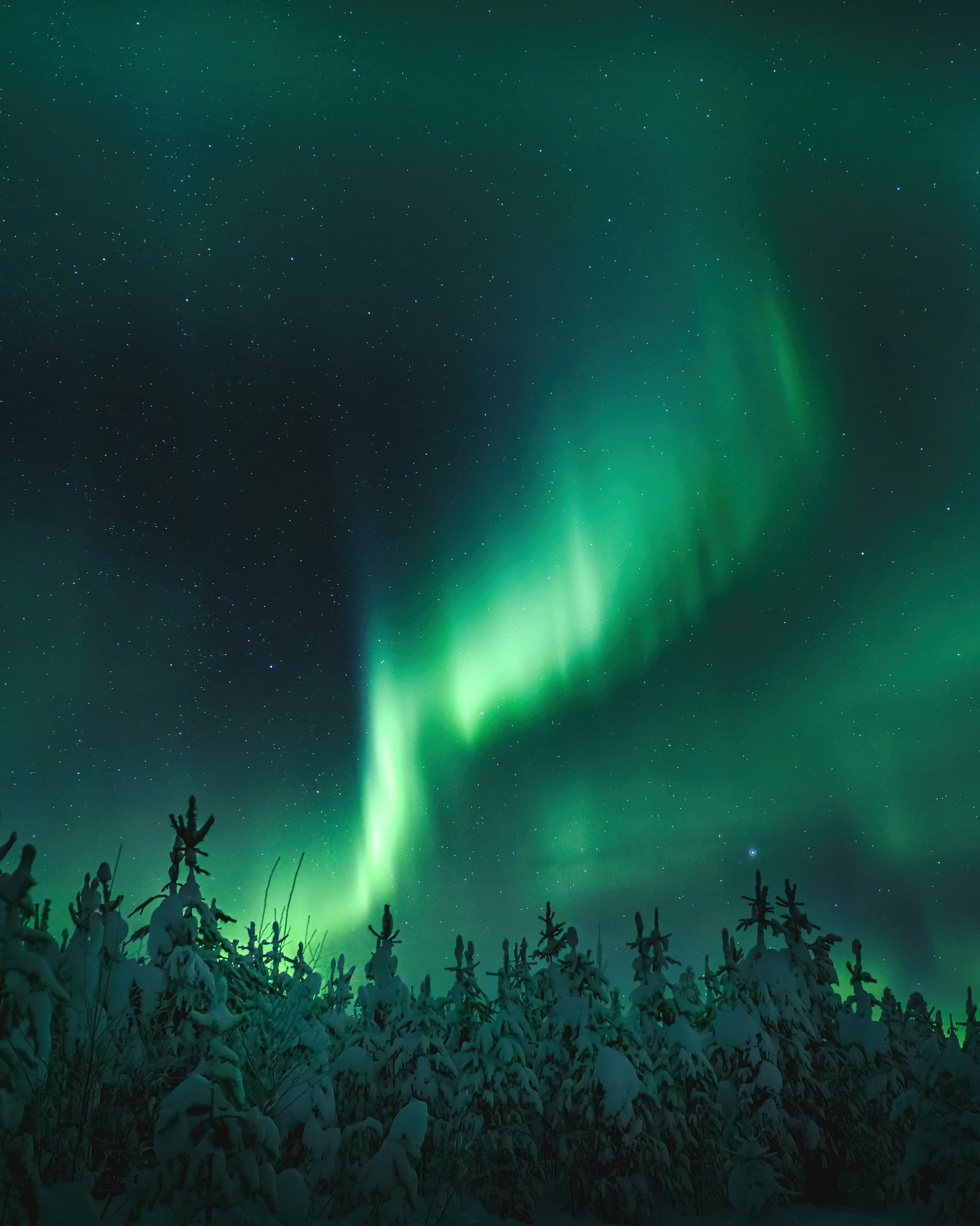 Green and blue aurora borealis in the night sky